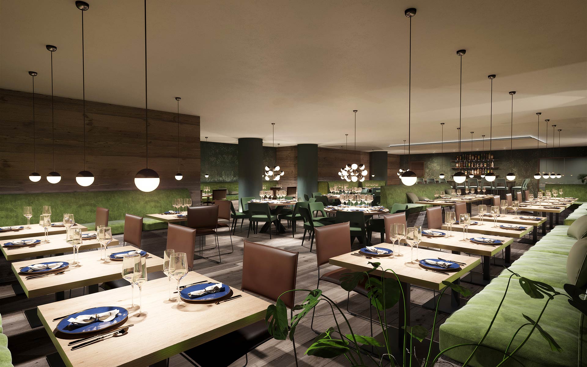 Image 3D d'un restaurant dans un hôtel à Méribel