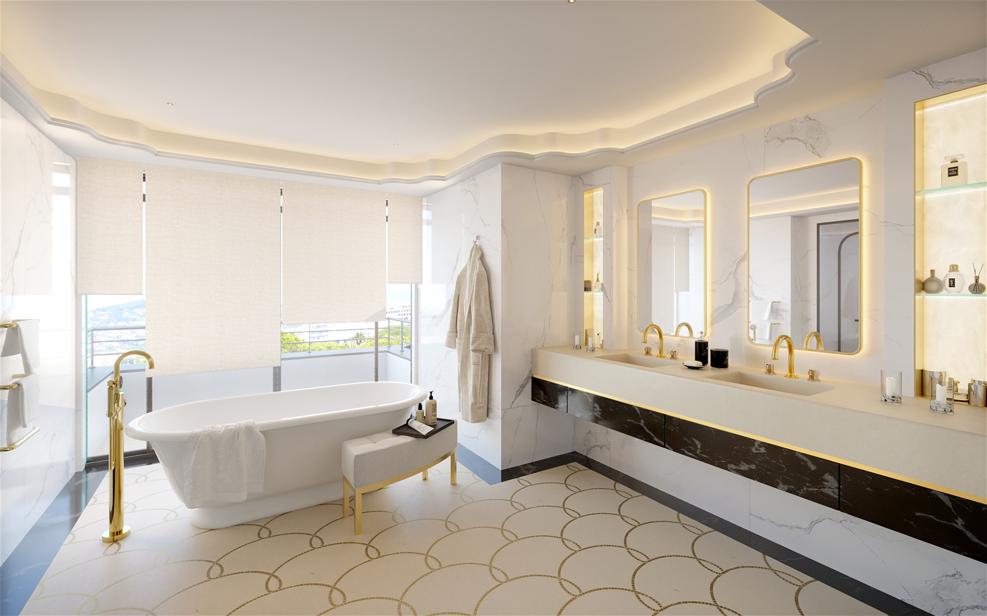 Vue en perspective 3D d'une salle de bain dans une villa à Cannes