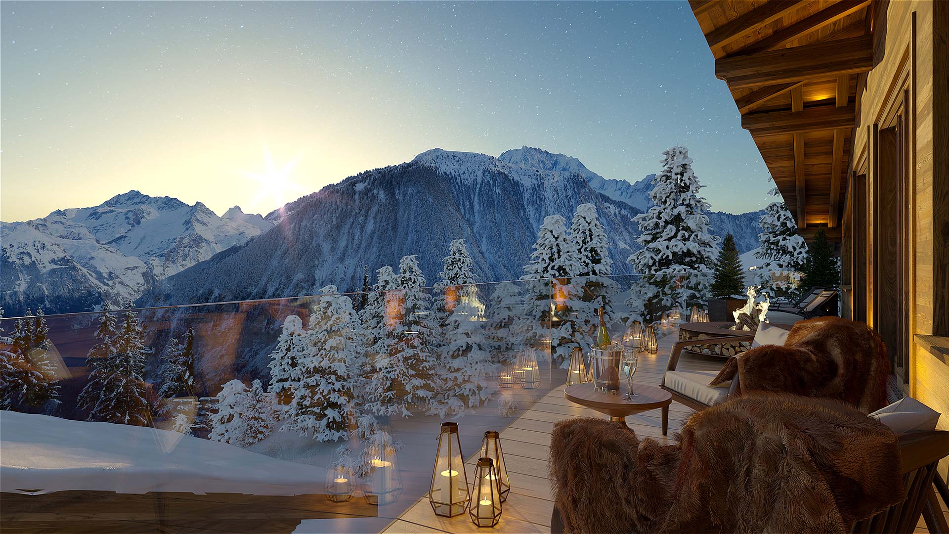 3D visualization of a terrace of a luxurious chalet in the french Alps