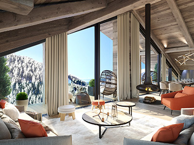 3D rendering of a chalet living room with terrace and mountain view 