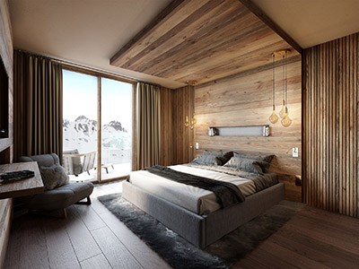 3D computer image of a mountain hotel room