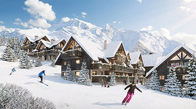 3D computer image of a ski slope and chalets in winter