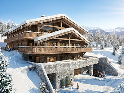 3D visualization of a luxury chalet in winter, in the snowy mountain