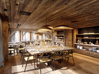 3D computer image of a rustic wooden restaurant in a mountain chalet