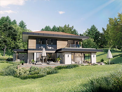 3D perspective of a luxurious villa in the countryside with swimming pool