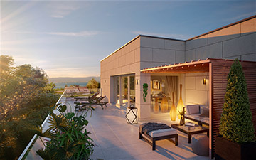 Promotion immobilière : Perspective 3D d'une terrasse de maison moderne