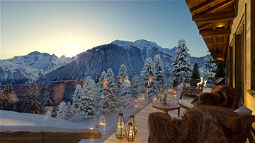 Vue 3D d'une terrasse de chalet de luxe avec vue sur les Alpes