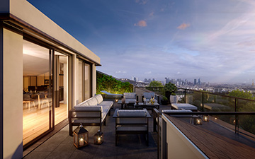 Rendu 3D d'une terrasse neuve de logement moderne pour un projet immobilier