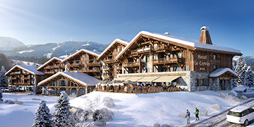 3D perspective overview of a hotel in a snowy landscape