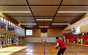 Interior 3D perspective of a big sports hall basketball competition
