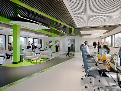 Rendu 3D d'un open space de bureaux moderne