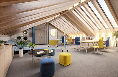 Visualisation 3D des intérieurs de bureaux modernes et conviviaux
