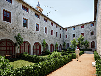 Image 3D du patio d'un couvent rénové avec des jardins individuels