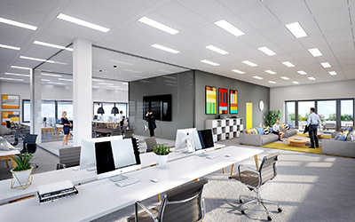 Image de synthèse 3D de bureaux en open space