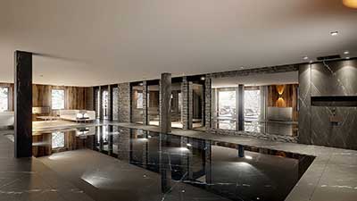 Photo 3D d'une piscine à Chamonix, projet architecture 3D.