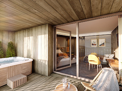 Visualisation 3D d'un appartement de chalet avec terrasse et spa