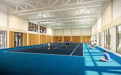 Représentation 3D d'un terrain de tennis en intérieur