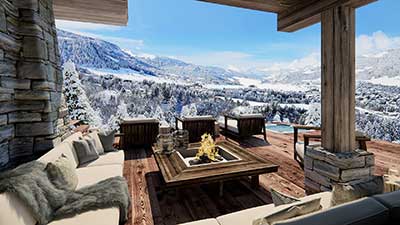 Photo 3D, perspective en image de synthèse d'une terrasse de luxe d'un chalet à la Montagne.